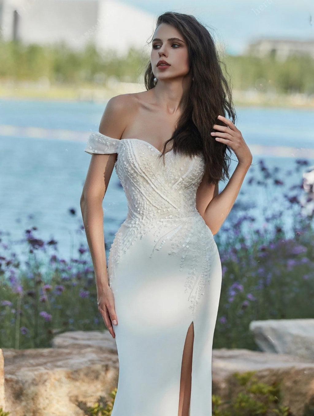 Dune: Sheath Crepe Gown with Beaded Lace Bodice