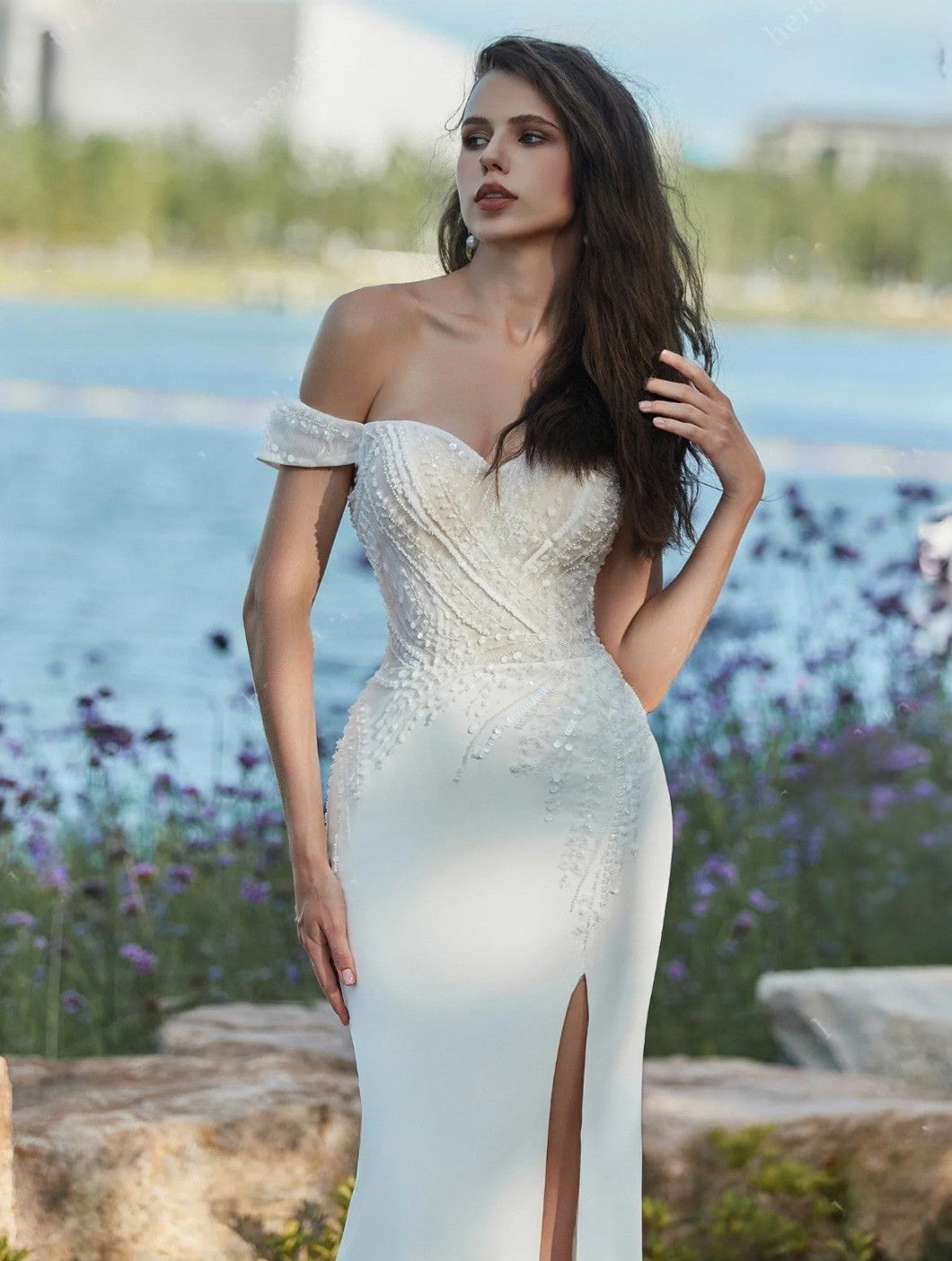 Dune: Sheath Crepe Gown with Beaded Lace Bodice