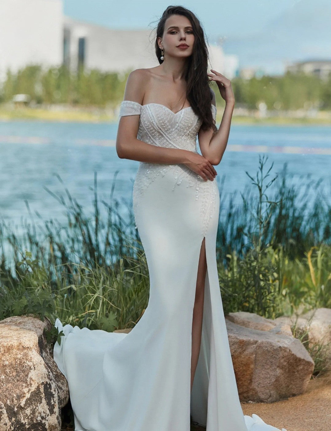 Dune: Sheath Crepe Gown with Beaded Lace Bodice