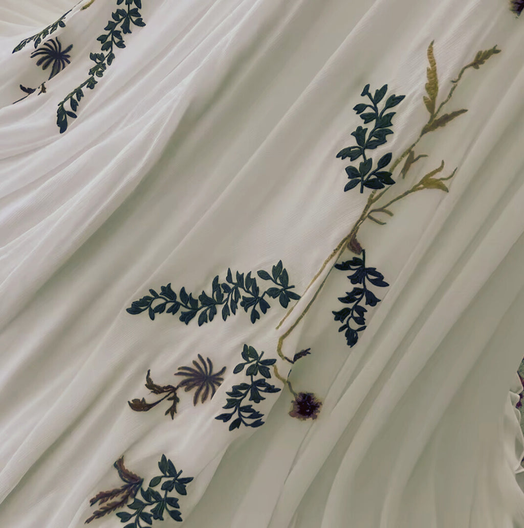 Close-up of embroidered fabric with floral patterns on a white background
