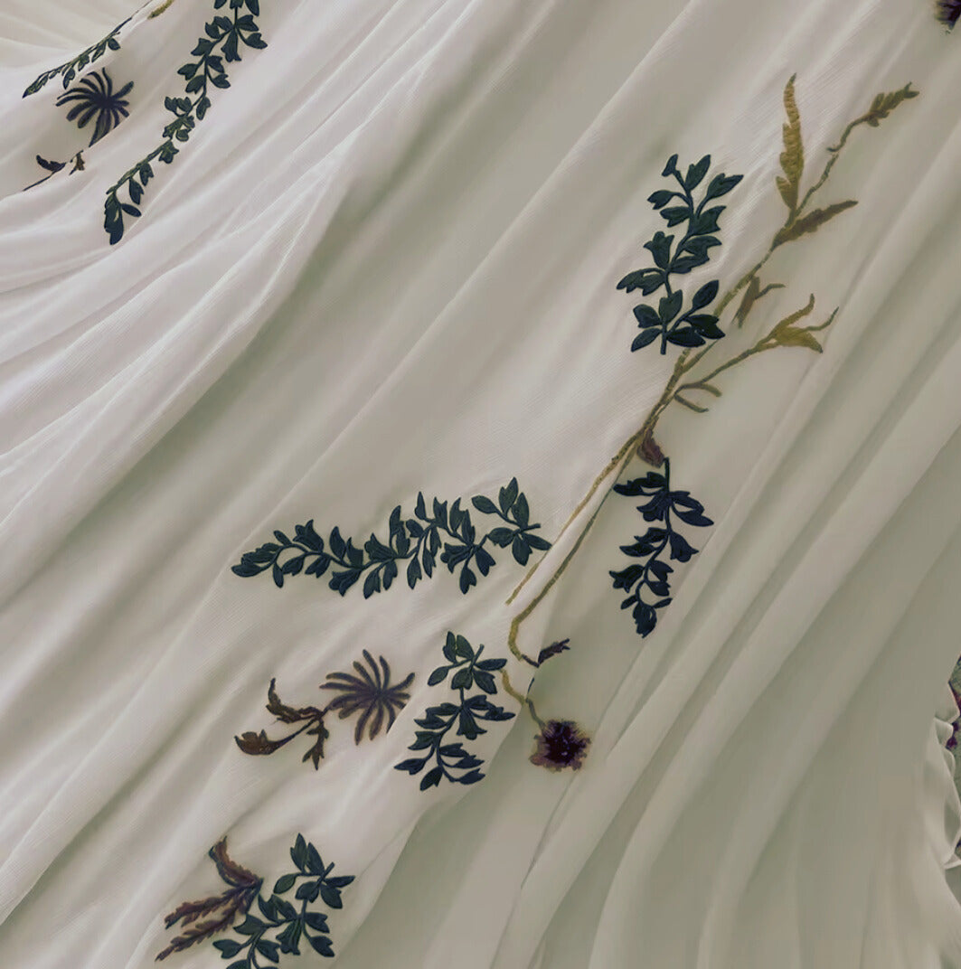 Close-up of embroidered fabric with floral patterns on a white background