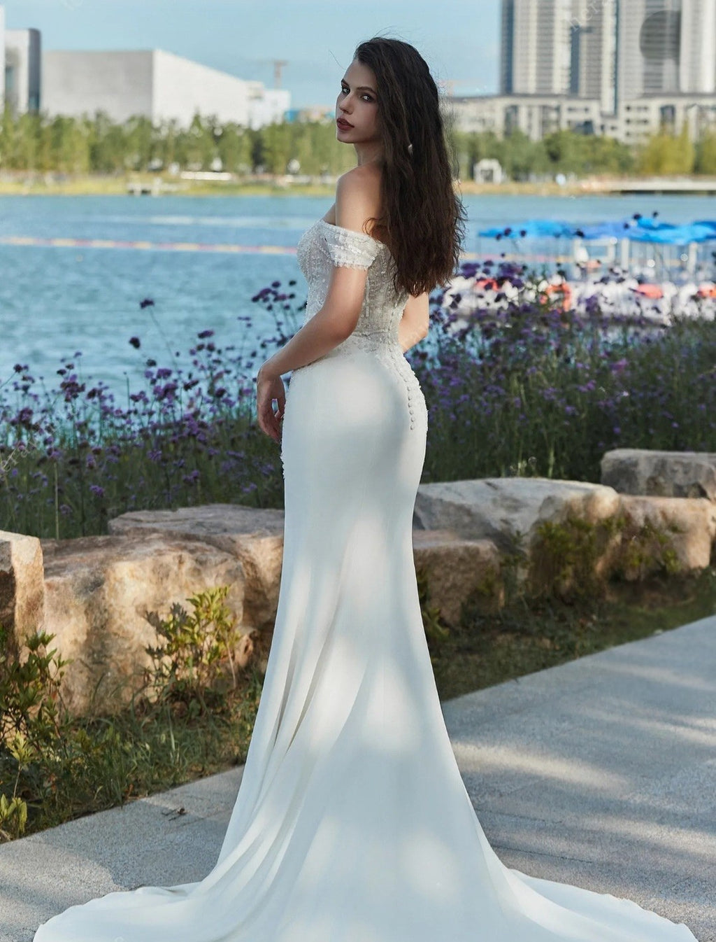 Dune: Sheath Crepe Gown with Beaded Lace Bodice