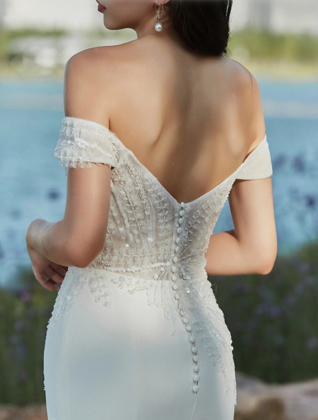 Dune: Sheath Crepe Gown with Beaded Lace Bodice