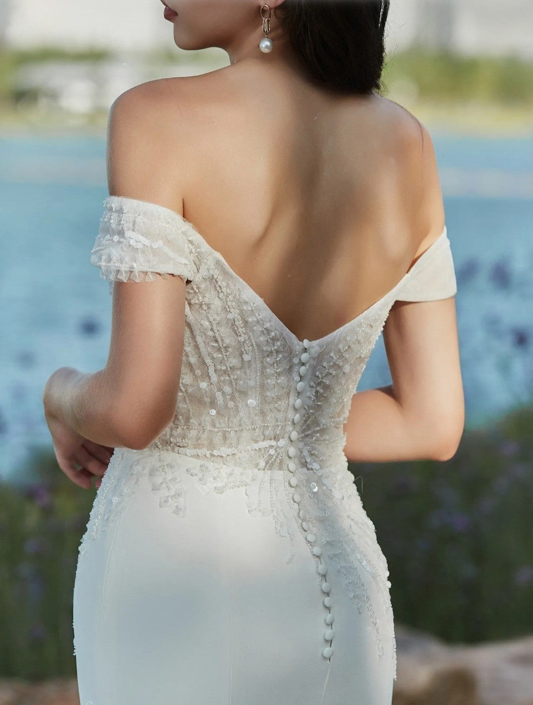 Dune: Sheath Crepe Gown with Beaded Lace Bodice