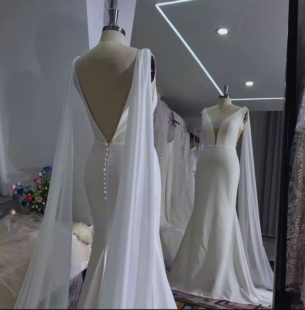 Déesse: Modern Mermaid Gown with Attached Sheer Cape