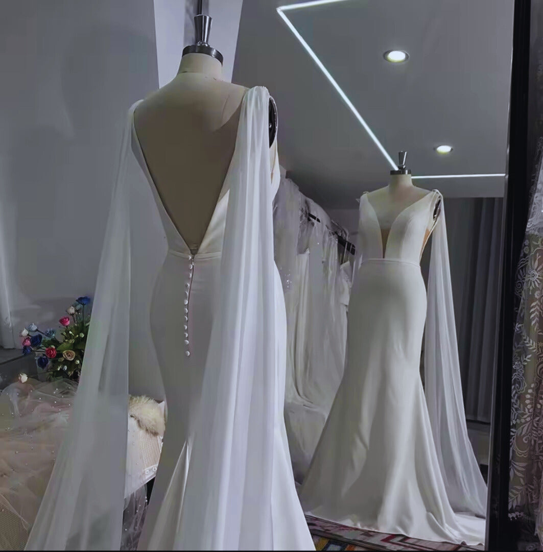 Déesse: Modern Mermaid Gown with Attached Sheer Cape