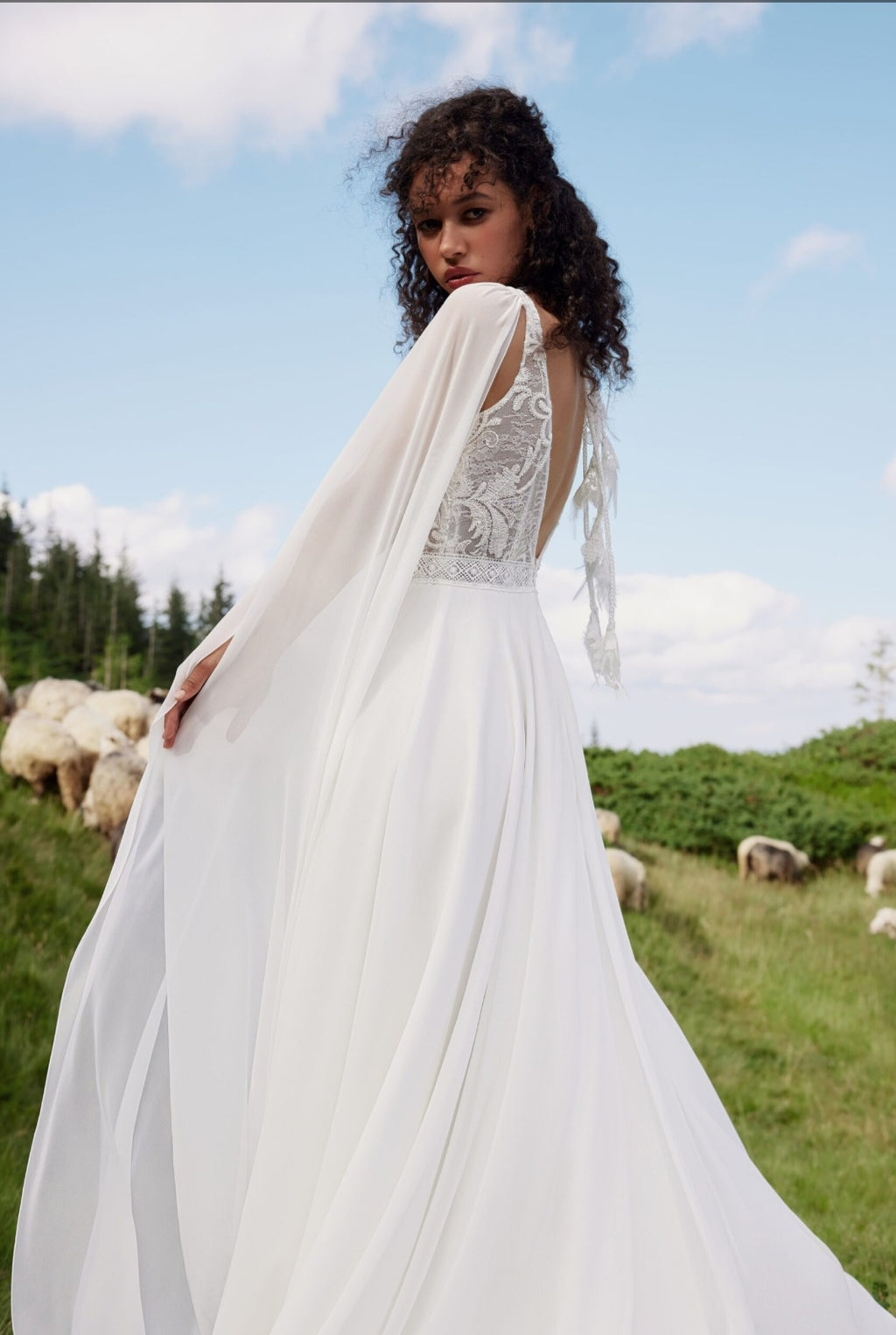 Woman in a white wedding dress with a long train standing in a field with sheep and greenery.