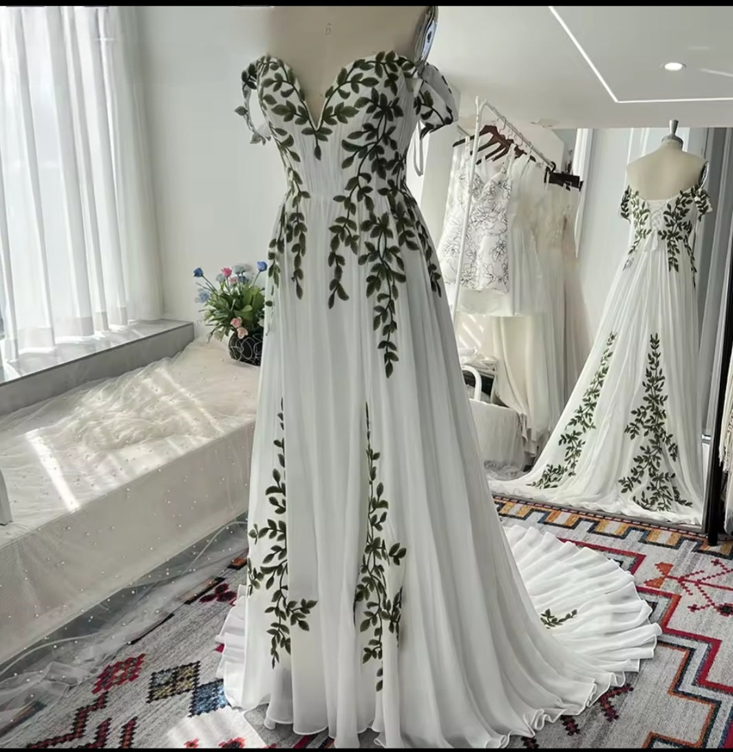 Olivine: French Boho Wedding Dress with Green Leaf Appliqué |  A-Line Gown
