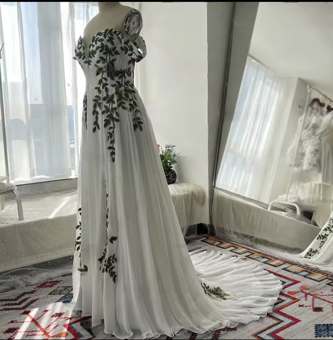 Olivine: French Boho Wedding Dress with Green Leaf Appliqué |  A-Line Gown