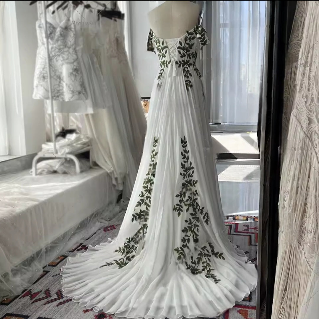 Olivine: French Boho Wedding Dress with Green Leaf Appliqué |  A-Line Gown