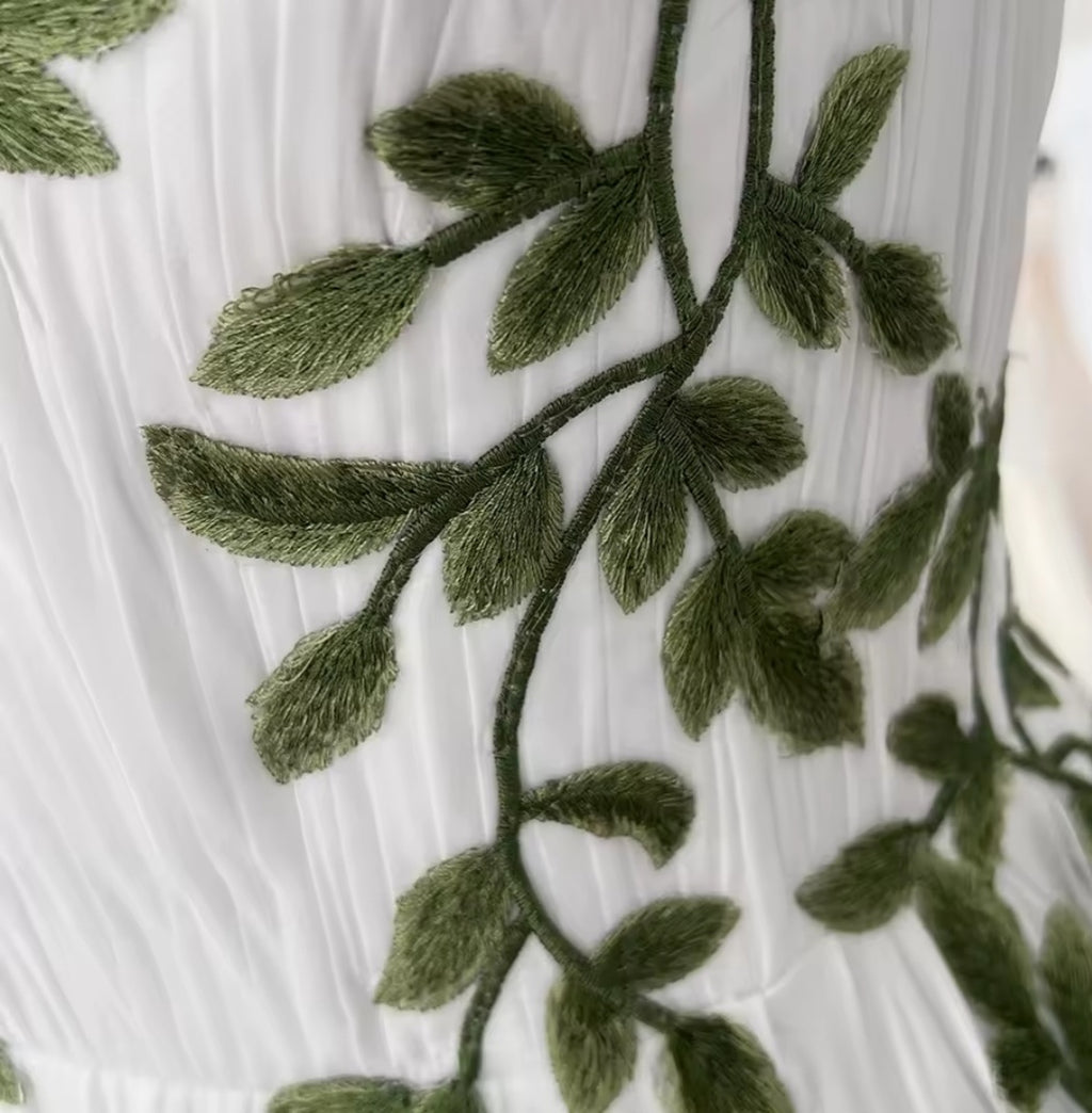 Olivine: French Boho Wedding Dress with Green Leaf Appliqué |  A-Line Gown