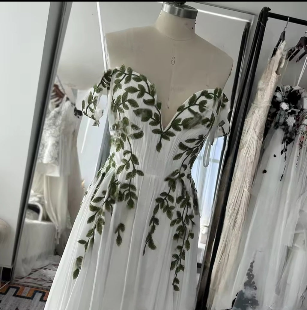Olivine: French Boho Wedding Dress with Green Leaf Appliqué |  A-Line Gown