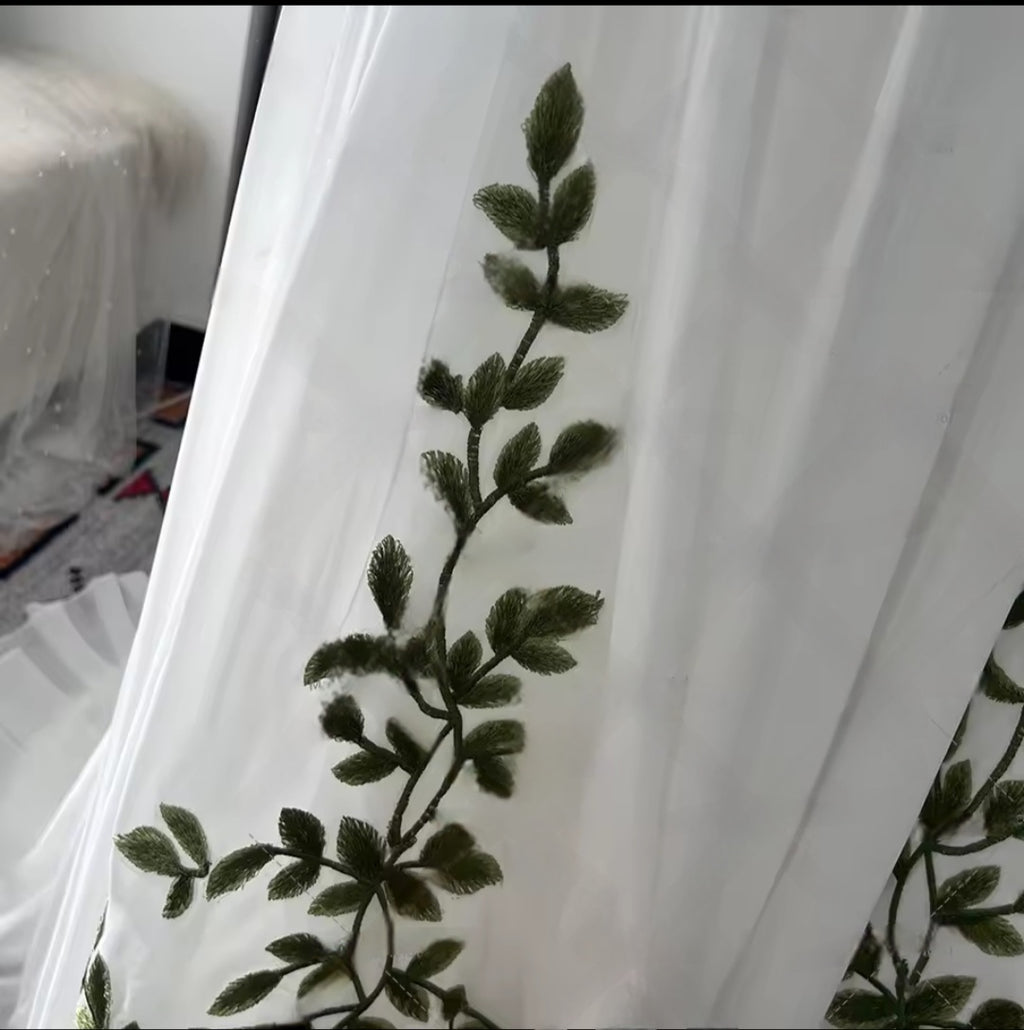 Olivine: French Boho Wedding Dress with Green Leaf Appliqué |  A-Line Gown